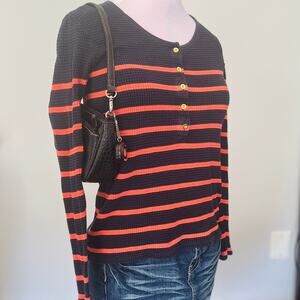 J Crew | Waffle Knit Navy Orange Stripe Long Sleeve Henley Top | Women's Size S